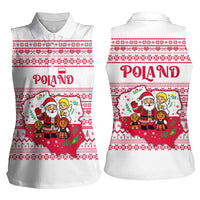 Poland Christmas Women Sleeveless Polo Shirt with Santa Children Gingerbread Map Outline and Red Snowflake Knit Pattern Design - Wonder Print Shop