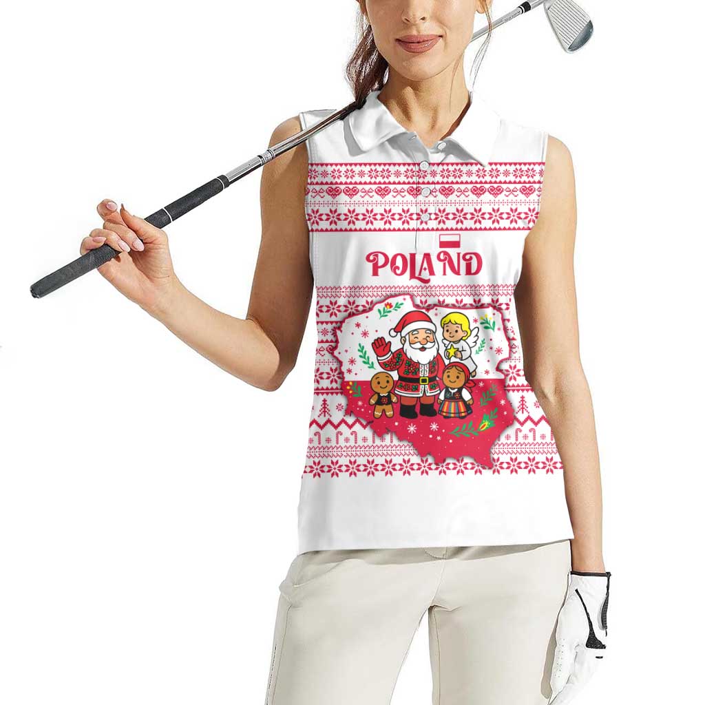 Poland Christmas Women Sleeveless Polo Shirt with Santa Children Gingerbread Map Outline and Red Snowflake Knit Pattern Design - Wonder Print Shop