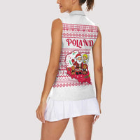 Poland Christmas Women Sleeveless Polo Shirt with Santa Children Gingerbread Map Outline and Red Snowflake Knit Pattern Design - Wonder Print Shop