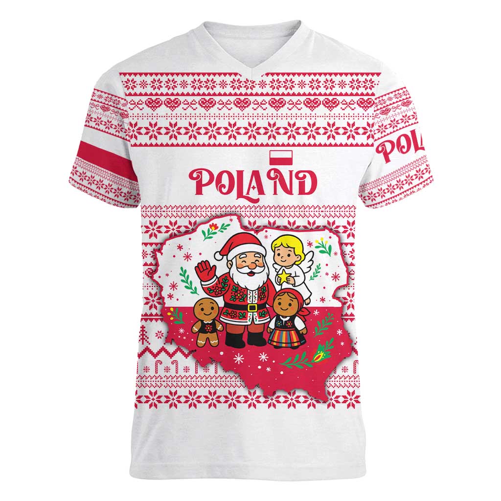 Poland Christmas Women V-Neck T-Shirt with Santa Children Gingerbread Map Outline and Red Snowflake Knit Pattern Design - Wonder Print Shop