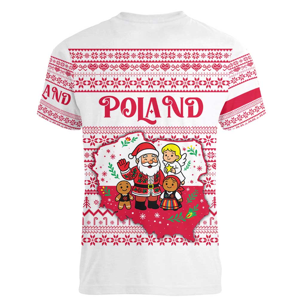 Poland Christmas Women V-Neck T-Shirt with Santa Children Gingerbread Map Outline and Red Snowflake Knit Pattern Design - Wonder Print Shop