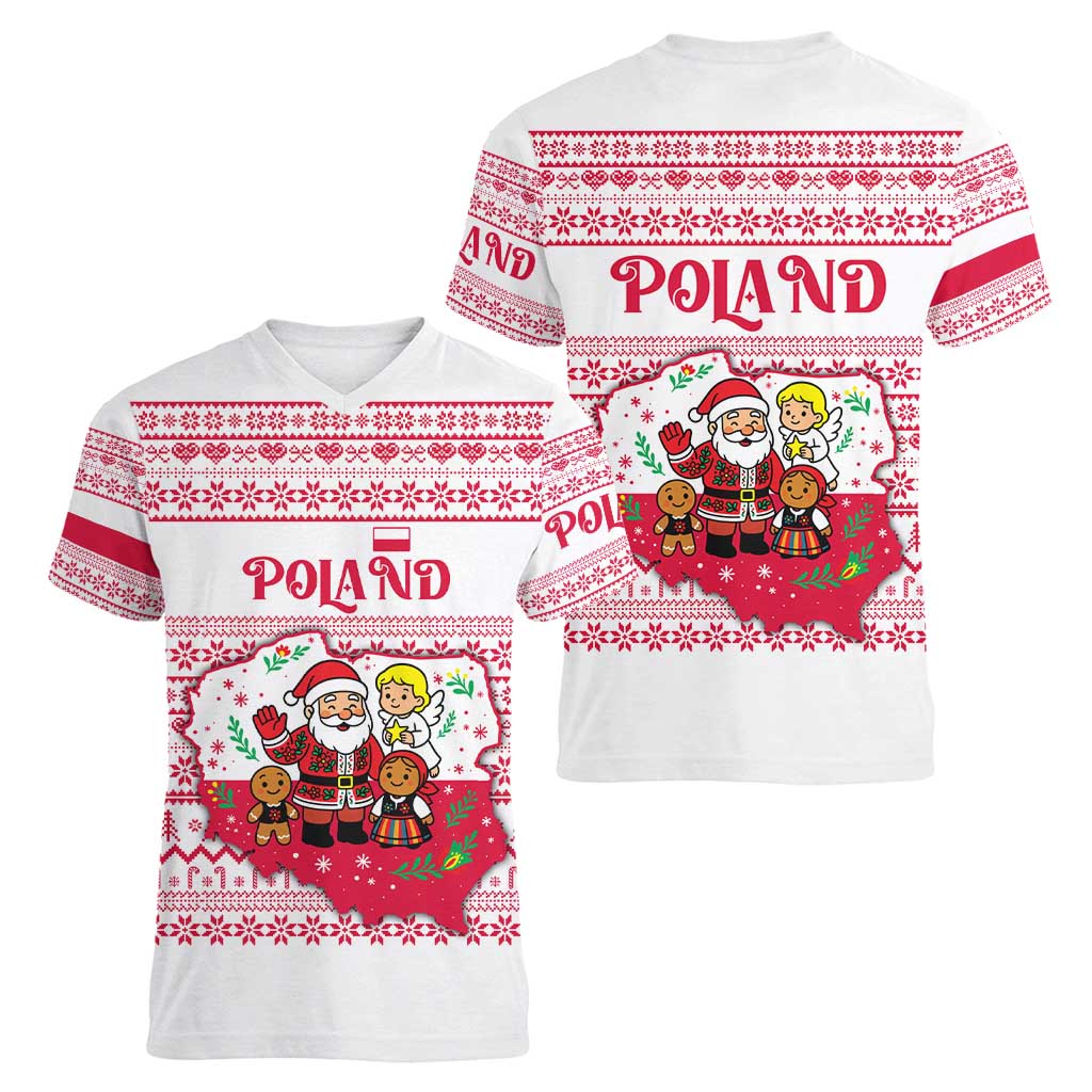 Poland Christmas Women V-Neck T-Shirt with Santa Children Gingerbread Map Outline and Red Snowflake Knit Pattern Design - Wonder Print Shop