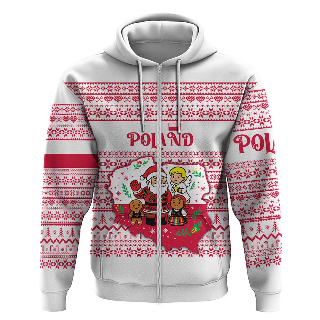Poland Christmas Zip Hoodie with Santa Children Gingerbread Map Outline and Red Snowflake Knit Pattern Design - Wonder Print Shop