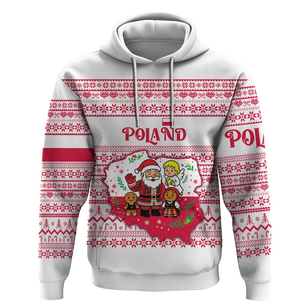 Poland Christmas Zip Hoodie with Santa Children Gingerbread Map Outline and Red Snowflake Knit Pattern Design - Wonder Print Shop