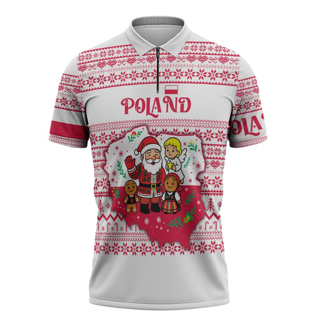 Poland Christmas Zipper Polo Shirt with Santa Children Gingerbread Map Outline and Red Snowflake Knit Pattern Design - Wonder Print Shop