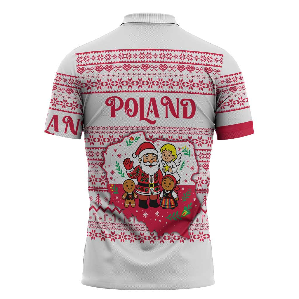 Poland Christmas Zipper Polo Shirt with Santa Children Gingerbread Map Outline and Red Snowflake Knit Pattern Design - Wonder Print Shop