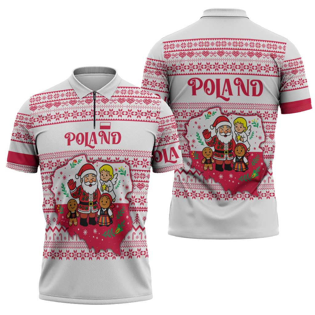 Poland Christmas Zipper Polo Shirt with Santa Children Gingerbread Map Outline and Red Snowflake Knit Pattern Design - Wonder Print Shop