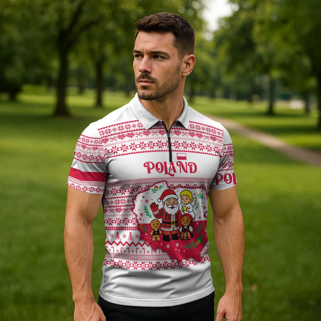 Poland Christmas Zipper Polo Shirt with Santa Children Gingerbread Map Outline and Red Snowflake Knit Pattern Design - Wonder Print Shop