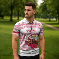 Poland Christmas Zipper Polo Shirt with Santa Children Gingerbread Map Outline and Red Snowflake Knit Pattern Design - Wonder Print Shop