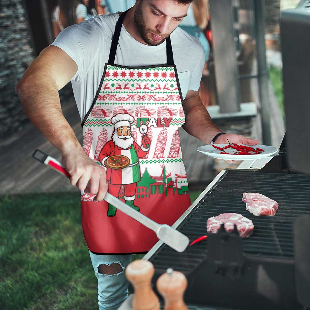 Italy Christmas Apron with Pizza Chef Santa Leaning Tower Colosseum and Red Green Holiday Pattern Design - Wonder Print Shop