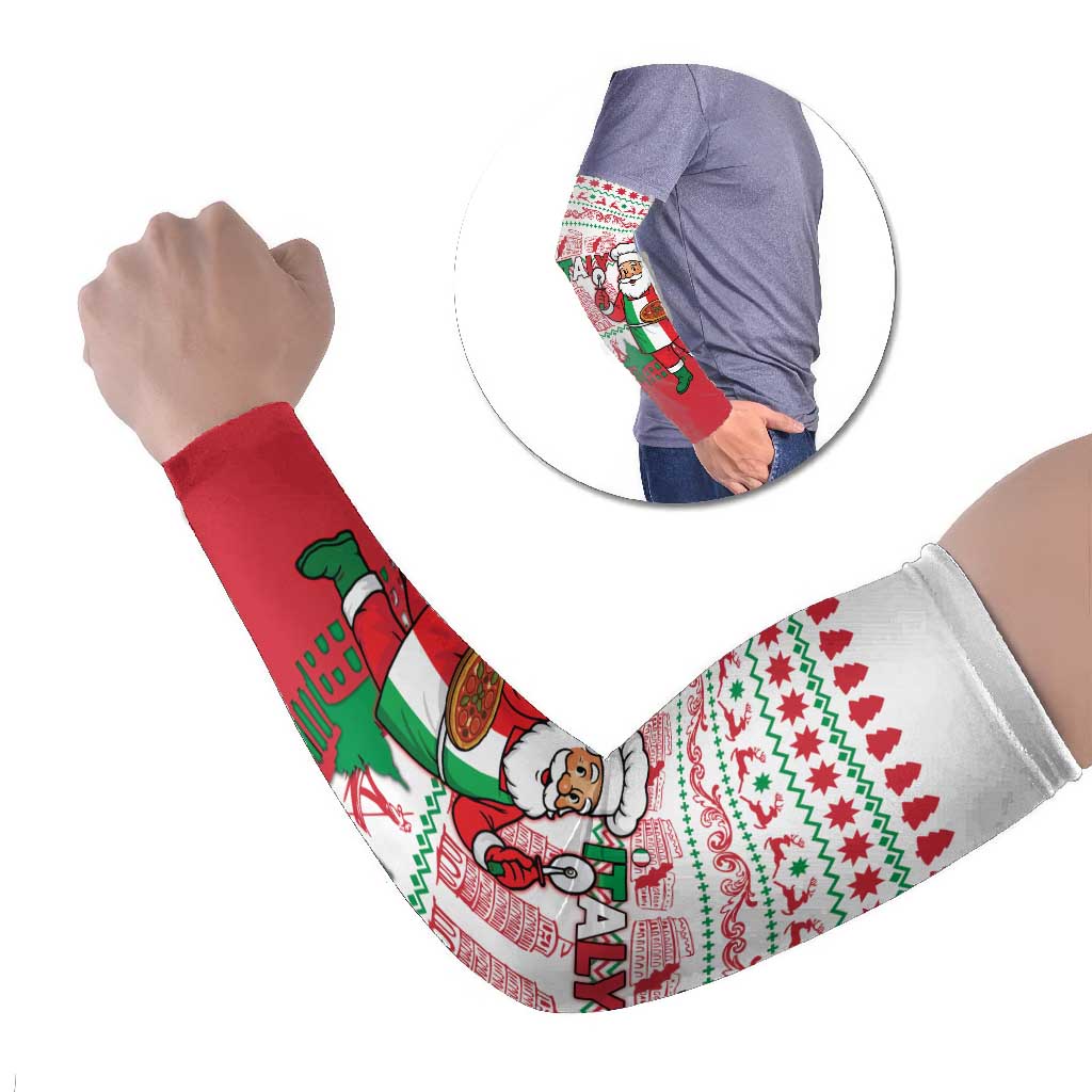 Italy Christmas Arm Sleeves with Pizza Chef Santa Leaning Tower Colosseum and Red Green Holiday Pattern Design - Wonder Print Shop
