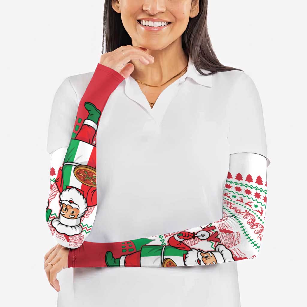 Italy Christmas Arm Sleeves with Pizza Chef Santa Leaning Tower Colosseum and Red Green Holiday Pattern Design - Wonder Print Shop