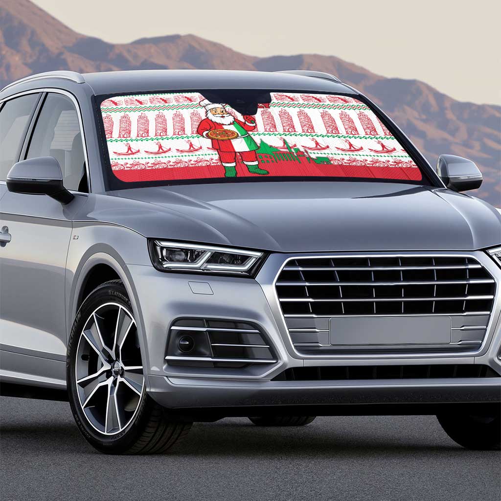 Italy Christmas Auto Sun Shade with Pizza Chef Santa Leaning Tower Colosseum and Red Green Holiday Pattern Design - Wonder Print Shop