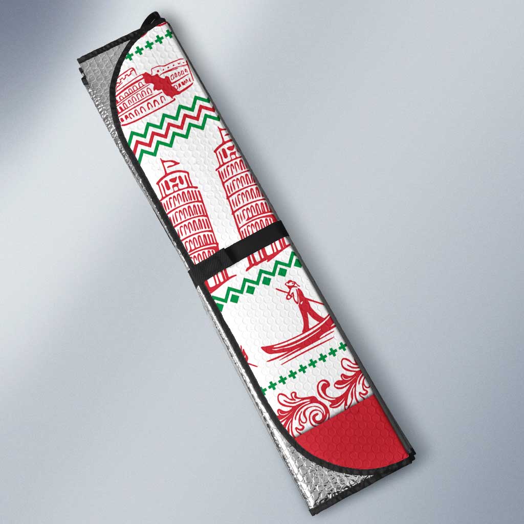 Italy Christmas Auto Sun Shade with Pizza Chef Santa Leaning Tower Colosseum and Red Green Holiday Pattern Design - Wonder Print Shop