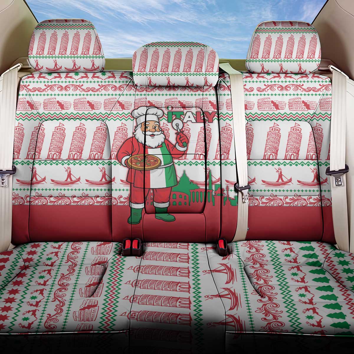 Italy Christmas Back Car Seat Cover with Pizza Chef Santa Leaning Tower Colosseum and Red Green Holiday Pattern Design - Wonder Print Shop
