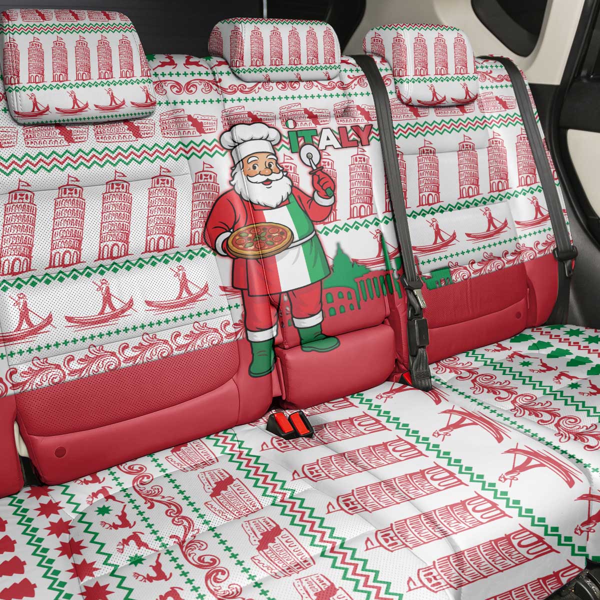 Italy Christmas Back Car Seat Cover with Pizza Chef Santa Leaning Tower Colosseum and Red Green Holiday Pattern Design - Wonder Print Shop