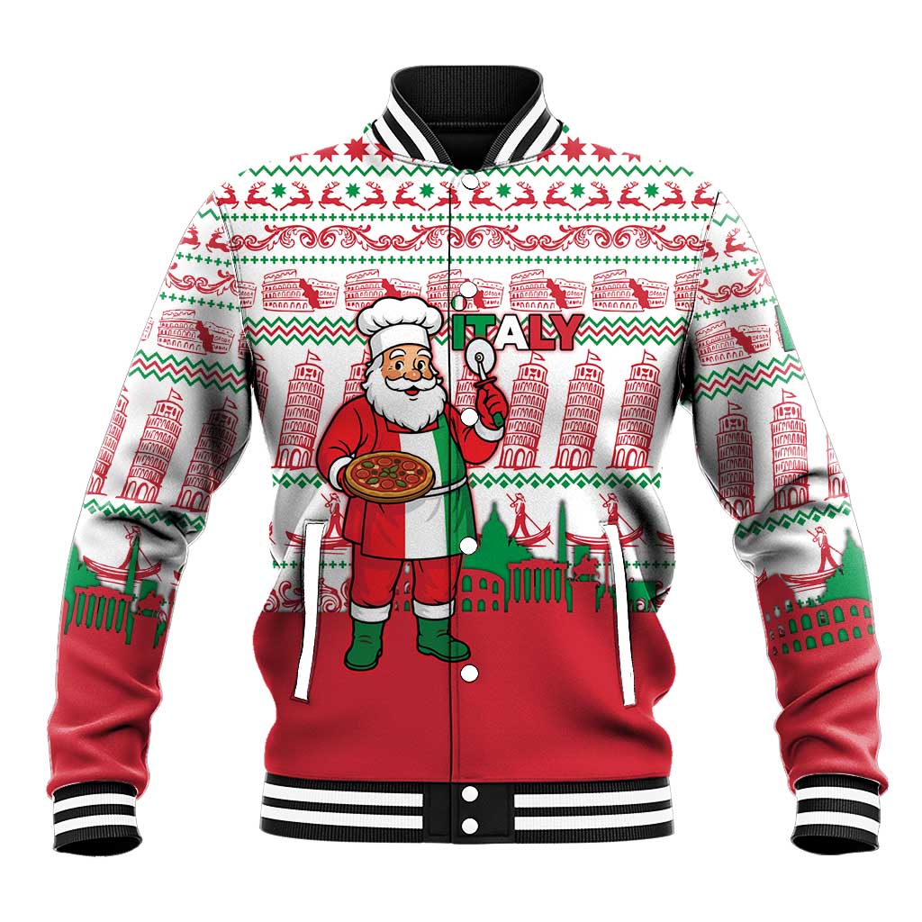 Italy Christmas Baseball Jacket with Pizza Chef Santa Leaning Tower Colosseum and Red Green Holiday Pattern Design - Wonder Print Shop