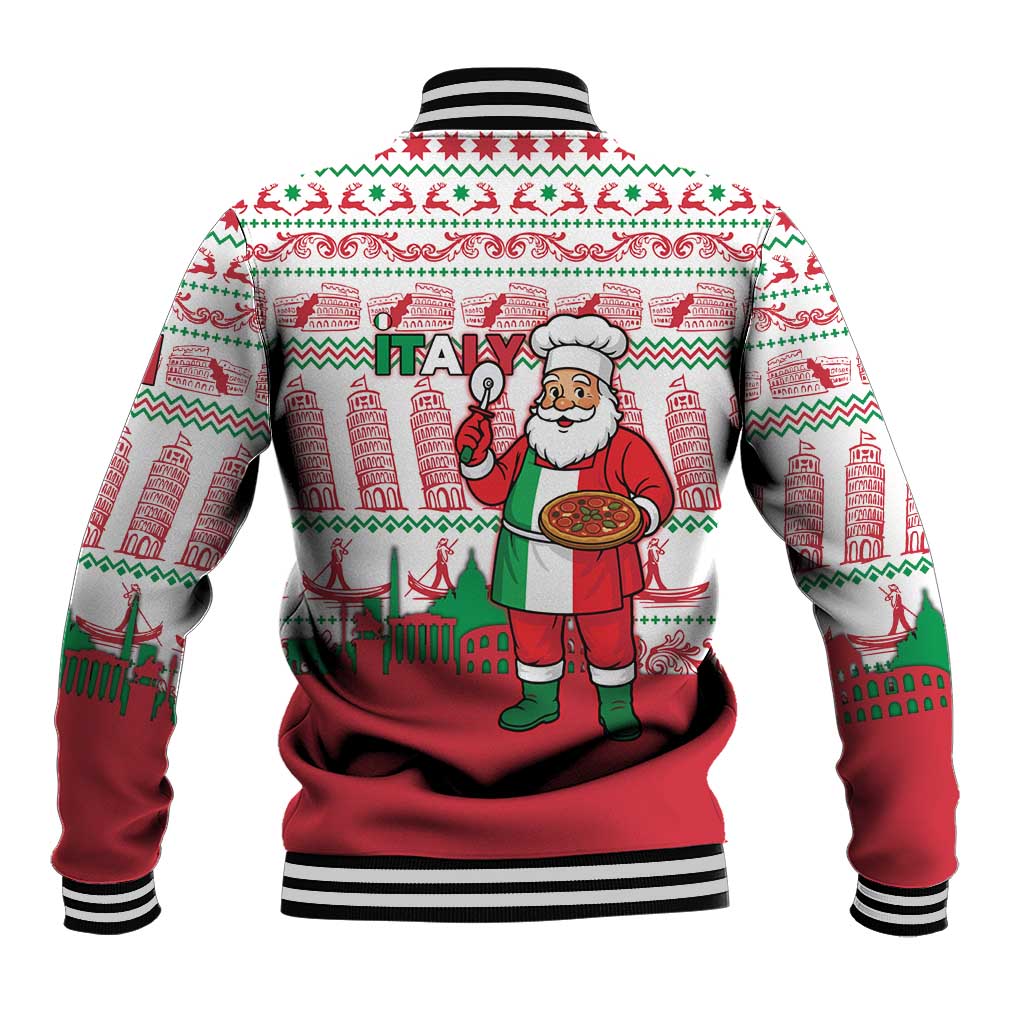Italy Christmas Baseball Jacket with Pizza Chef Santa Leaning Tower Colosseum and Red Green Holiday Pattern Design - Wonder Print Shop