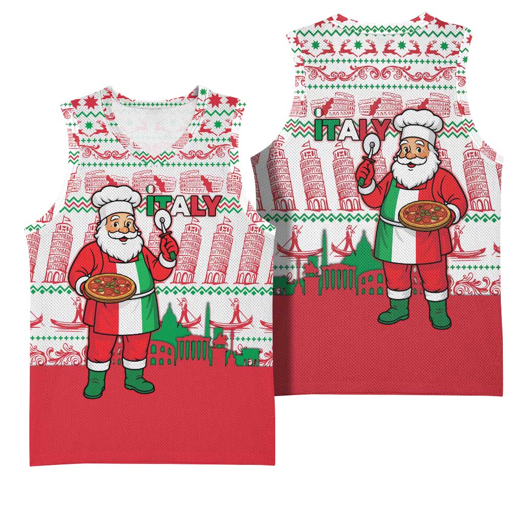 Italy Christmas Basketball Jersey with Pizza Chef Santa Leaning Tower Colosseum and Red Green Holiday Pattern Design - Wonder Print Shop