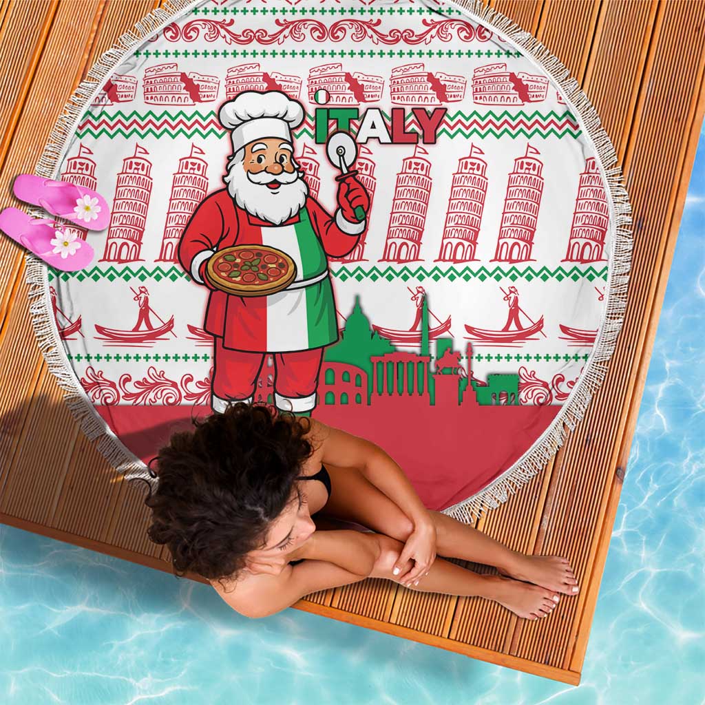 Italy Christmas Beach Blanket with Pizza Chef Santa Leaning Tower Colosseum and Red Green Holiday Pattern Design - Wonder Print Shop