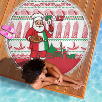 Italy Christmas Beach Blanket with Pizza Chef Santa Leaning Tower Colosseum and Red Green Holiday Pattern Design - Wonder Print Shop