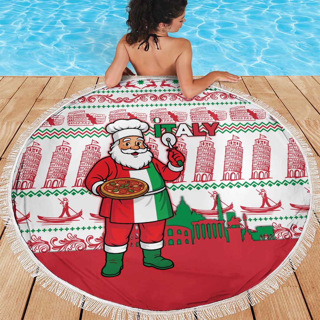 Italy Christmas Beach Blanket with Pizza Chef Santa Leaning Tower Colosseum and Red Green Holiday Pattern Design - Wonder Print Shop