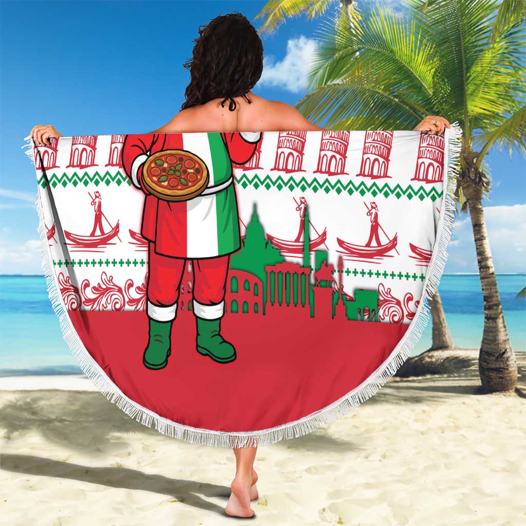 Italy Christmas Beach Blanket with Pizza Chef Santa Leaning Tower Colosseum and Red Green Holiday Pattern Design - Wonder Print Shop