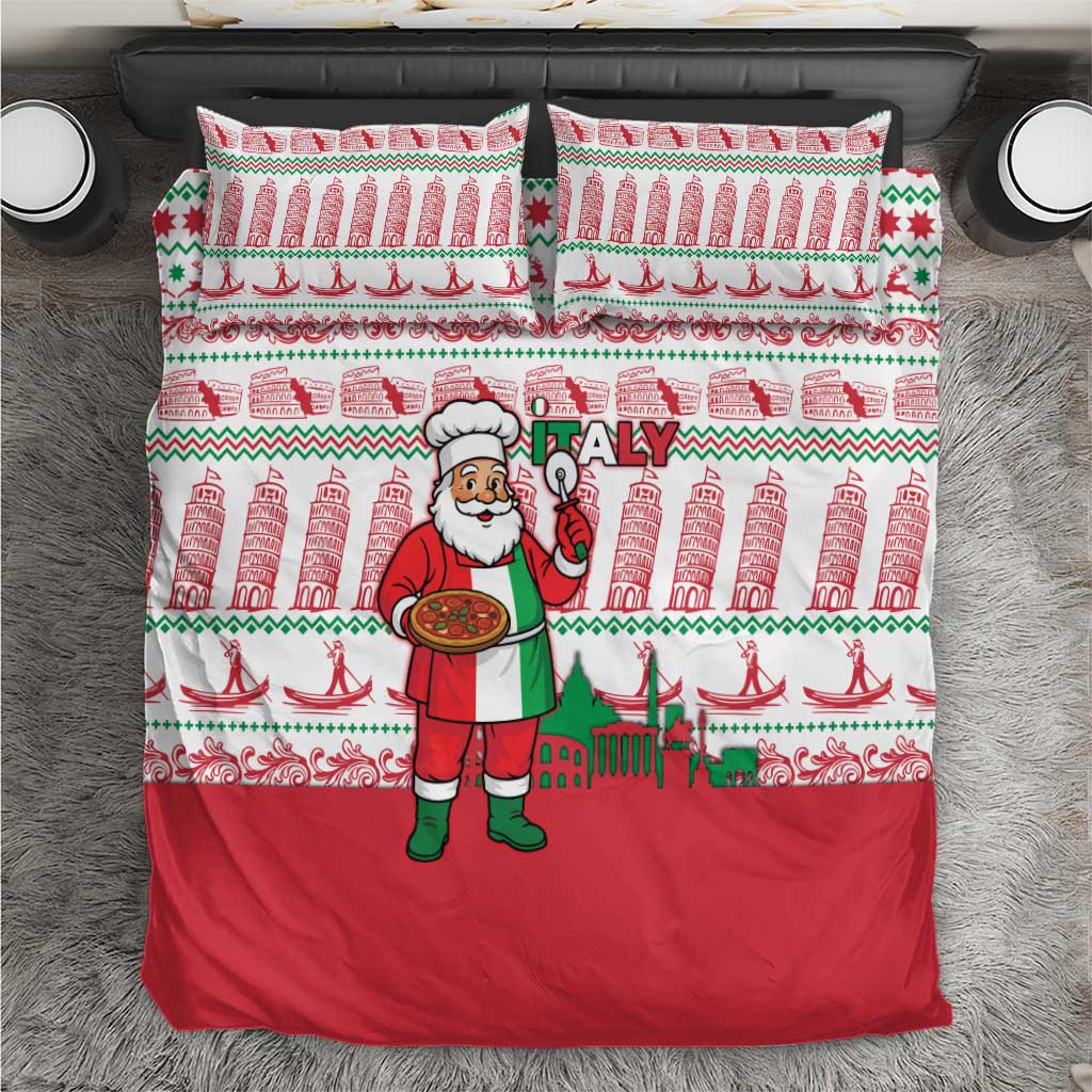 Italy Christmas Bedding Set with Pizza Chef Santa Leaning Tower Colosseum and Red Green Holiday Pattern Design - Wonder Print Shop