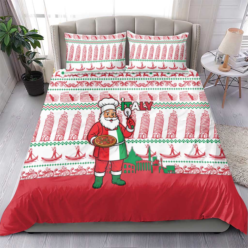 Italy Christmas Bedding Set with Pizza Chef Santa Leaning Tower Colosseum and Red Green Holiday Pattern Design - Wonder Print Shop