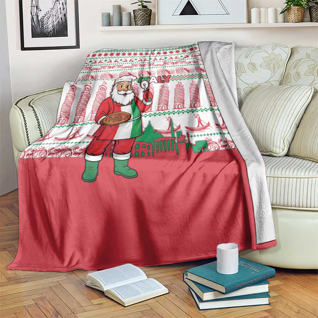 Italy Christmas Blanket with Pizza Chef Santa Leaning Tower Colosseum and Red Green Holiday Pattern Design - Wonder Print Shop