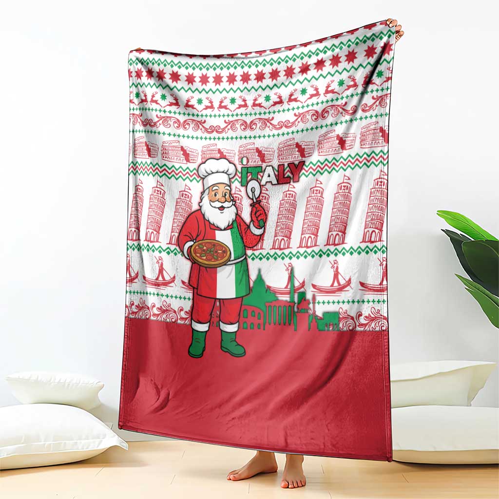 Italy Christmas Blanket with Pizza Chef Santa Leaning Tower Colosseum and Red Green Holiday Pattern Design - Wonder Print Shop