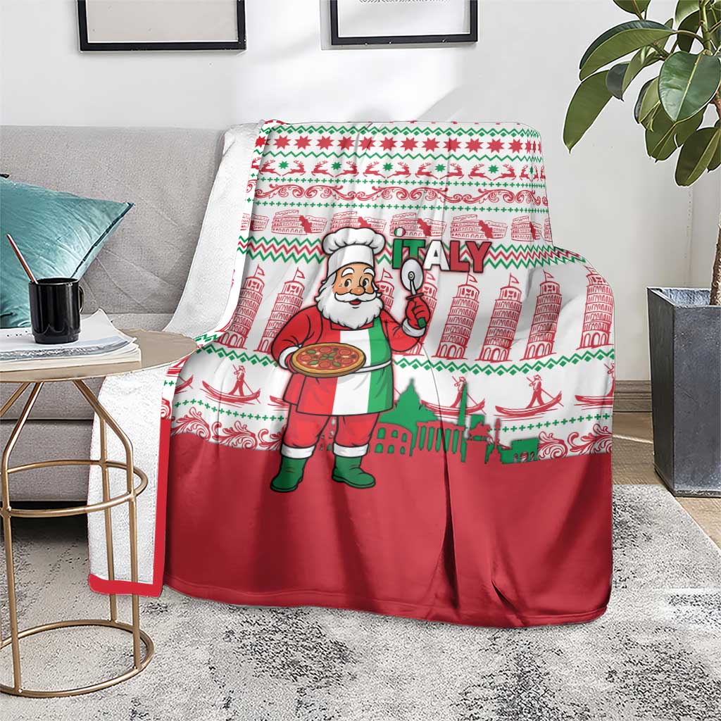 Italy Christmas Blanket with Pizza Chef Santa Leaning Tower Colosseum and Red Green Holiday Pattern Design - Wonder Print Shop