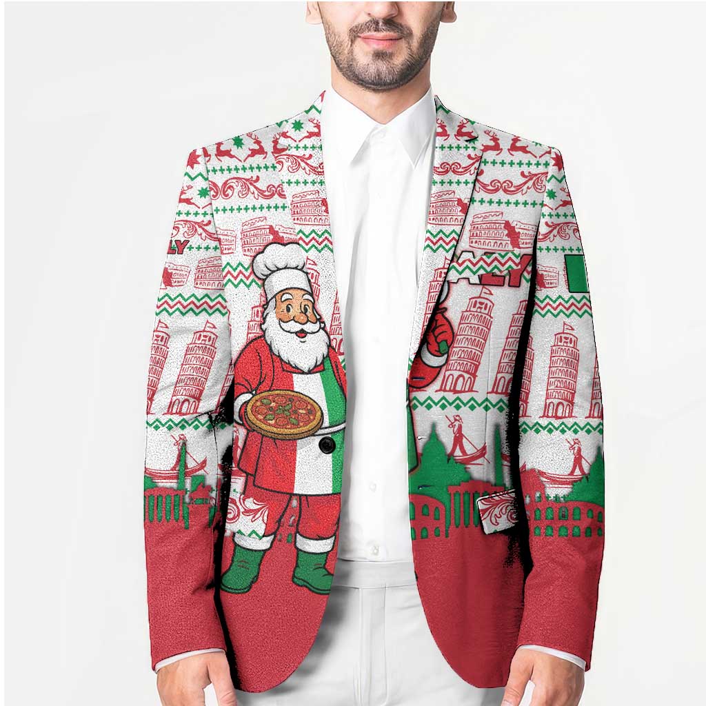 Italy Christmas Blazer with Pizza Chef Santa Leaning Tower Colosseum and Red Green Holiday Pattern Design - Wonder Print Shop