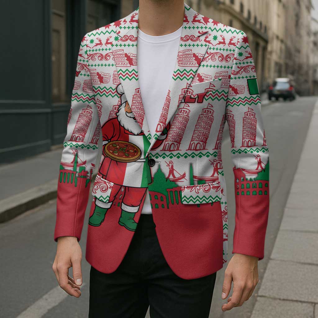 Italy Christmas Blazer with Pizza Chef Santa Leaning Tower Colosseum and Red Green Holiday Pattern Design - Wonder Print Shop
