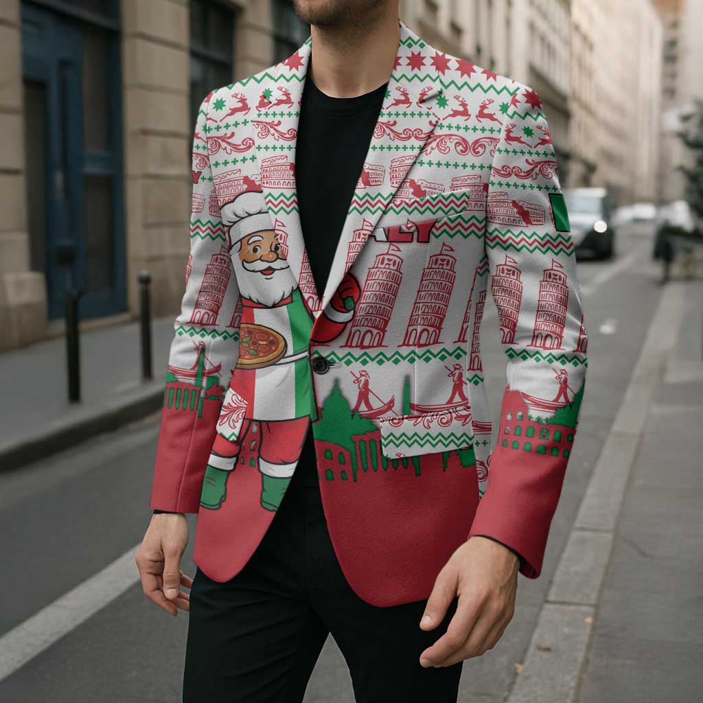 Italy Christmas Blazer with Pizza Chef Santa Leaning Tower Colosseum and Red Green Holiday Pattern Design - Wonder Print Shop