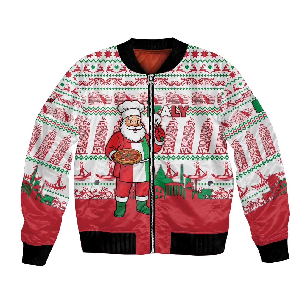 Italy Christmas Bomber Jacket with Pizza Chef Santa Leaning Tower Colosseum and Red Green Holiday Pattern Design - Wonder Print Shop