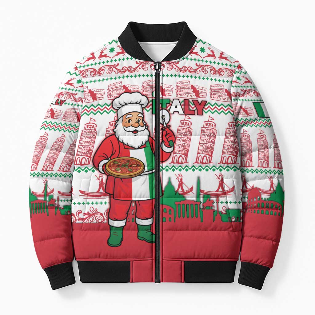 Italy Christmas Bomber Puffer Jacket with Pizza Chef Santa Leaning Tower Colosseum and Red Green Holiday Pattern Design - Wonder Print Shop