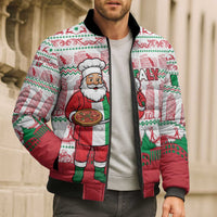 Italy Christmas Bomber Puffer Jacket with Pizza Chef Santa Leaning Tower Colosseum and Red Green Holiday Pattern Design - Wonder Print Shop