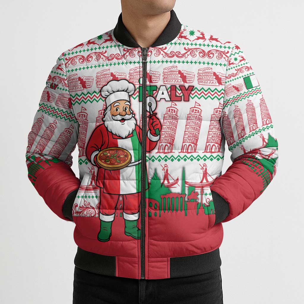 Italy Christmas Bomber Puffer Jacket with Pizza Chef Santa Leaning Tower Colosseum and Red Green Holiday Pattern Design - Wonder Print Shop