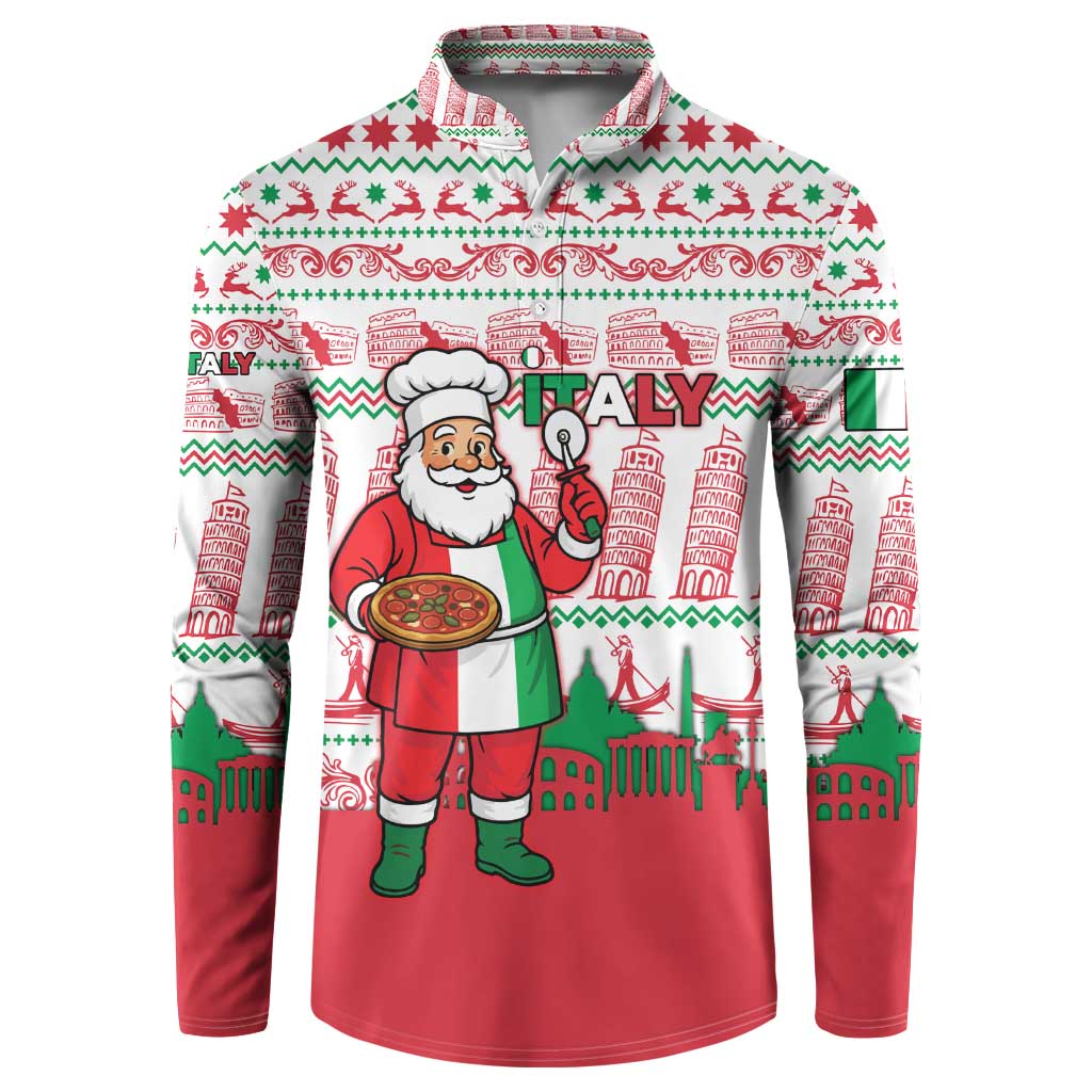Italy Christmas Button Sweatshirt with Pizza Chef Santa Leaning Tower Colosseum and Red Green Holiday Pattern Design - Wonder Print Shop