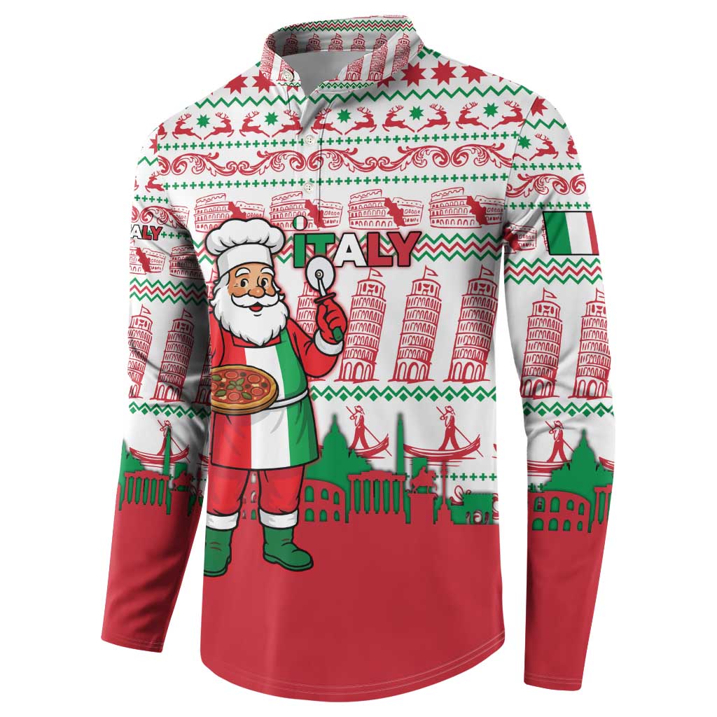 Italy Christmas Button Sweatshirt with Pizza Chef Santa Leaning Tower Colosseum and Red Green Holiday Pattern Design - Wonder Print Shop