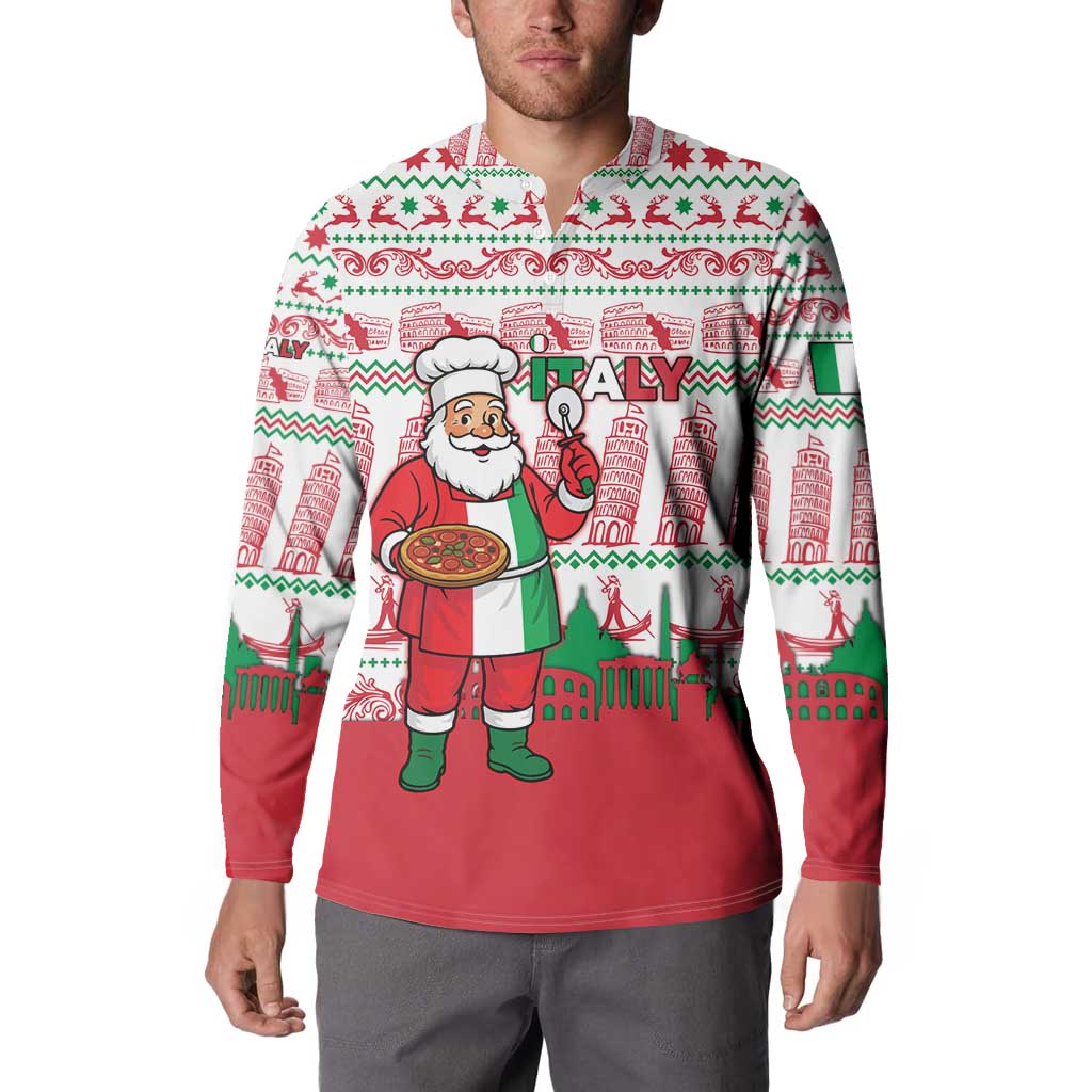 Italy Christmas Button Sweatshirt with Pizza Chef Santa Leaning Tower Colosseum and Red Green Holiday Pattern Design - Wonder Print Shop