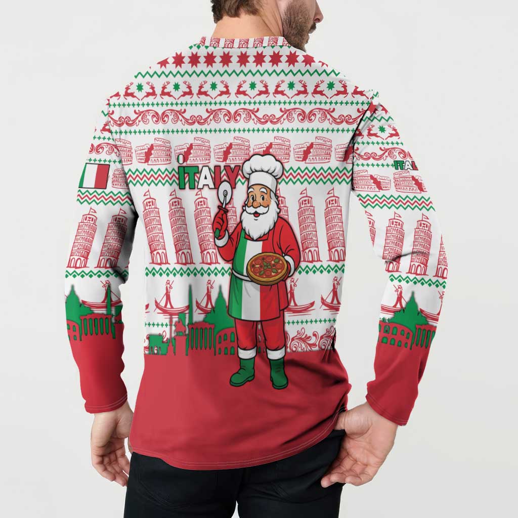 Italy Christmas Button Sweatshirt with Pizza Chef Santa Leaning Tower Colosseum and Red Green Holiday Pattern Design - Wonder Print Shop
