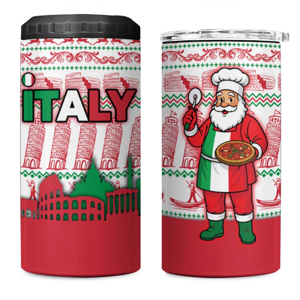Italy Christmas 4 in 1 Can Cooler Tumbler with Pizza Chef Santa Leaning Tower Colosseum and Red Green Holiday Pattern Design - Wonder Print Shop