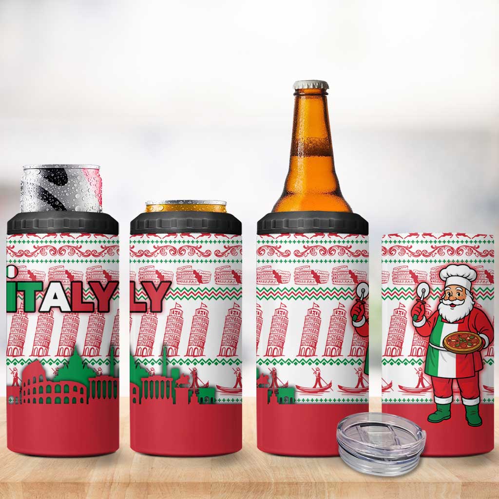 Italy Christmas 4 in 1 Can Cooler Tumbler with Pizza Chef Santa Leaning Tower Colosseum and Red Green Holiday Pattern Design - Wonder Print Shop