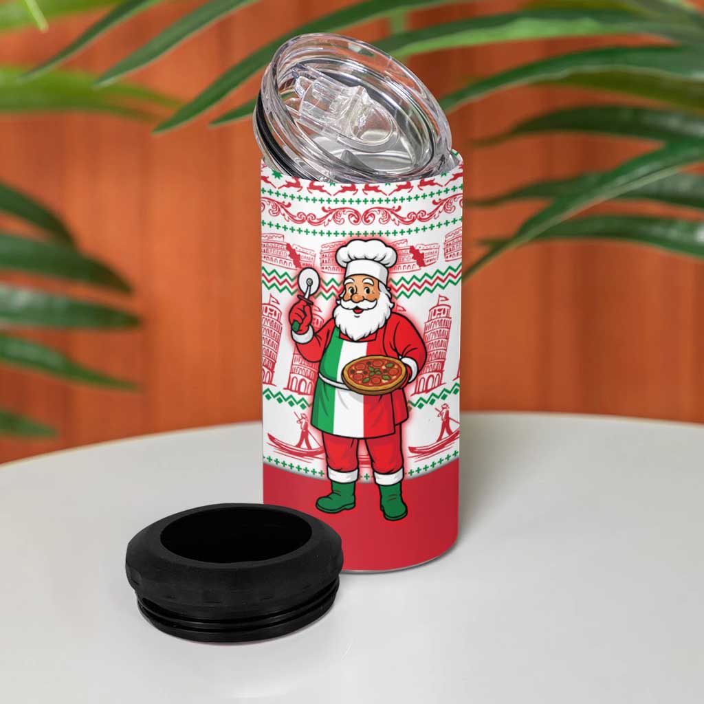 Italy Christmas 4 in 1 Can Cooler Tumbler with Pizza Chef Santa Leaning Tower Colosseum and Red Green Holiday Pattern Design - Wonder Print Shop