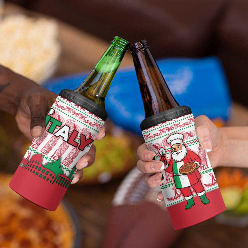 Italy Christmas 4 in 1 Can Cooler Tumbler with Pizza Chef Santa Leaning Tower Colosseum and Red Green Holiday Pattern Design - Wonder Print Shop