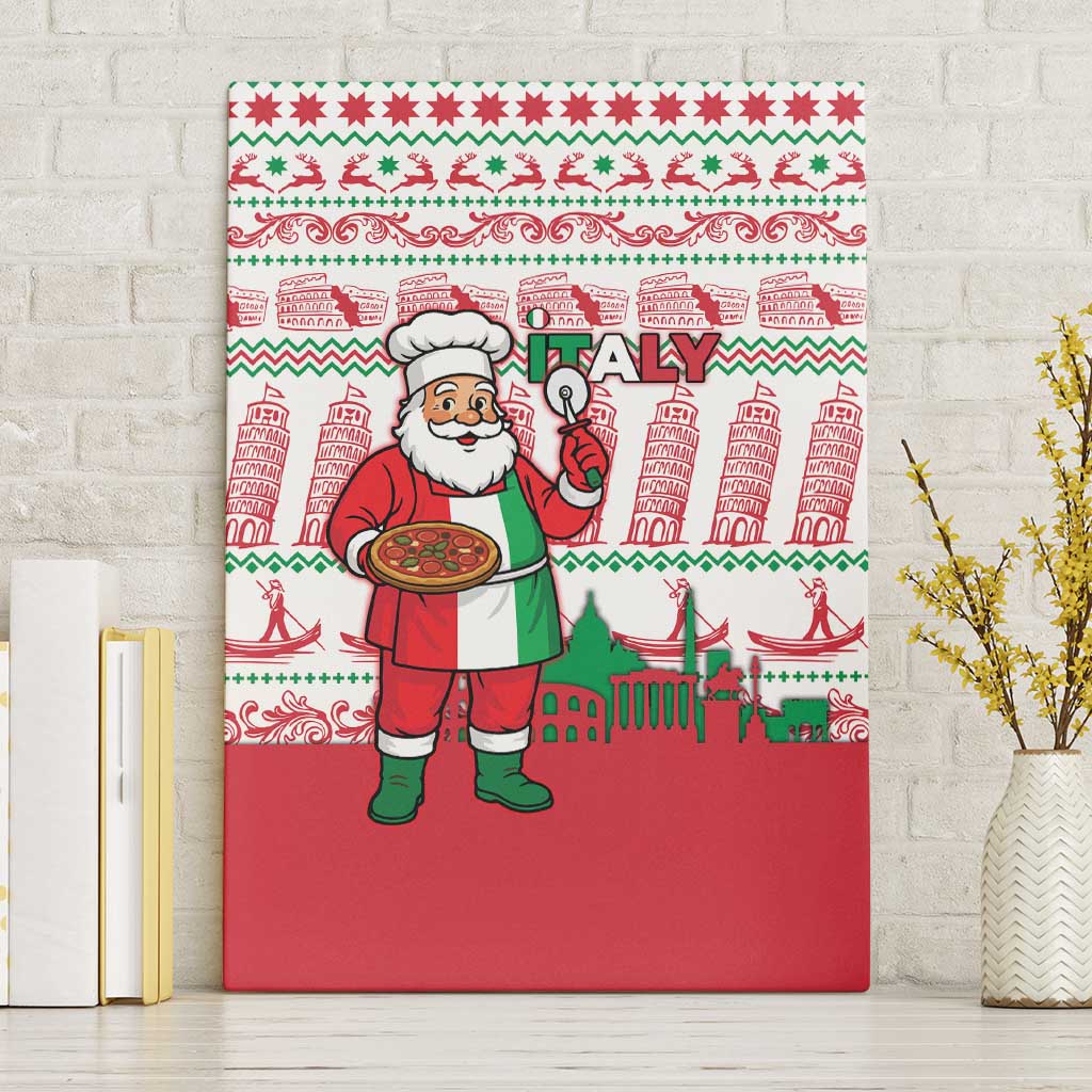 Italy Christmas Canvas Wall Art with Pizza Chef Santa Leaning Tower Colosseum and Red Green Holiday Pattern Design - Wonder Print Shop