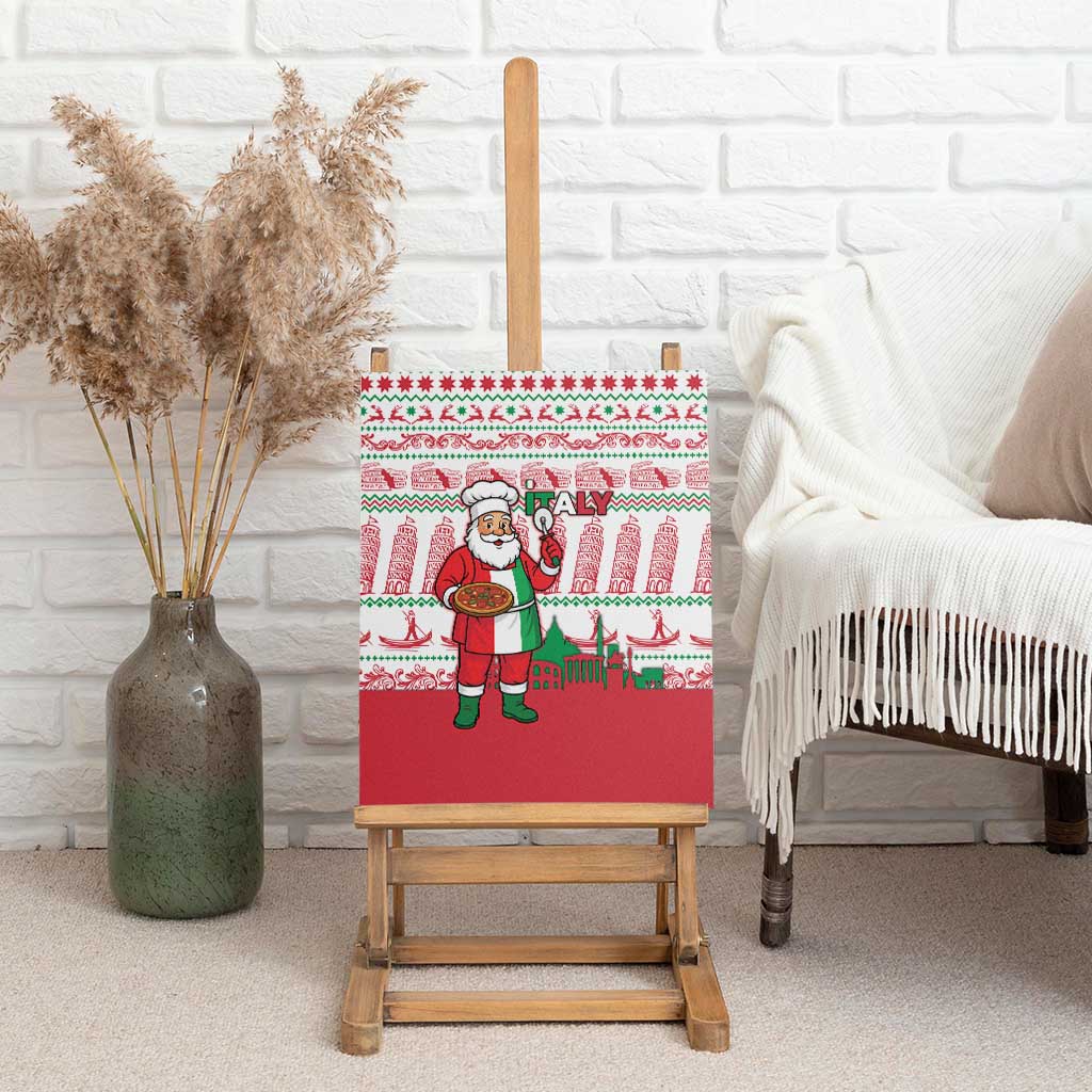 Italy Christmas Canvas Wall Art with Pizza Chef Santa Leaning Tower Colosseum and Red Green Holiday Pattern Design - Wonder Print Shop