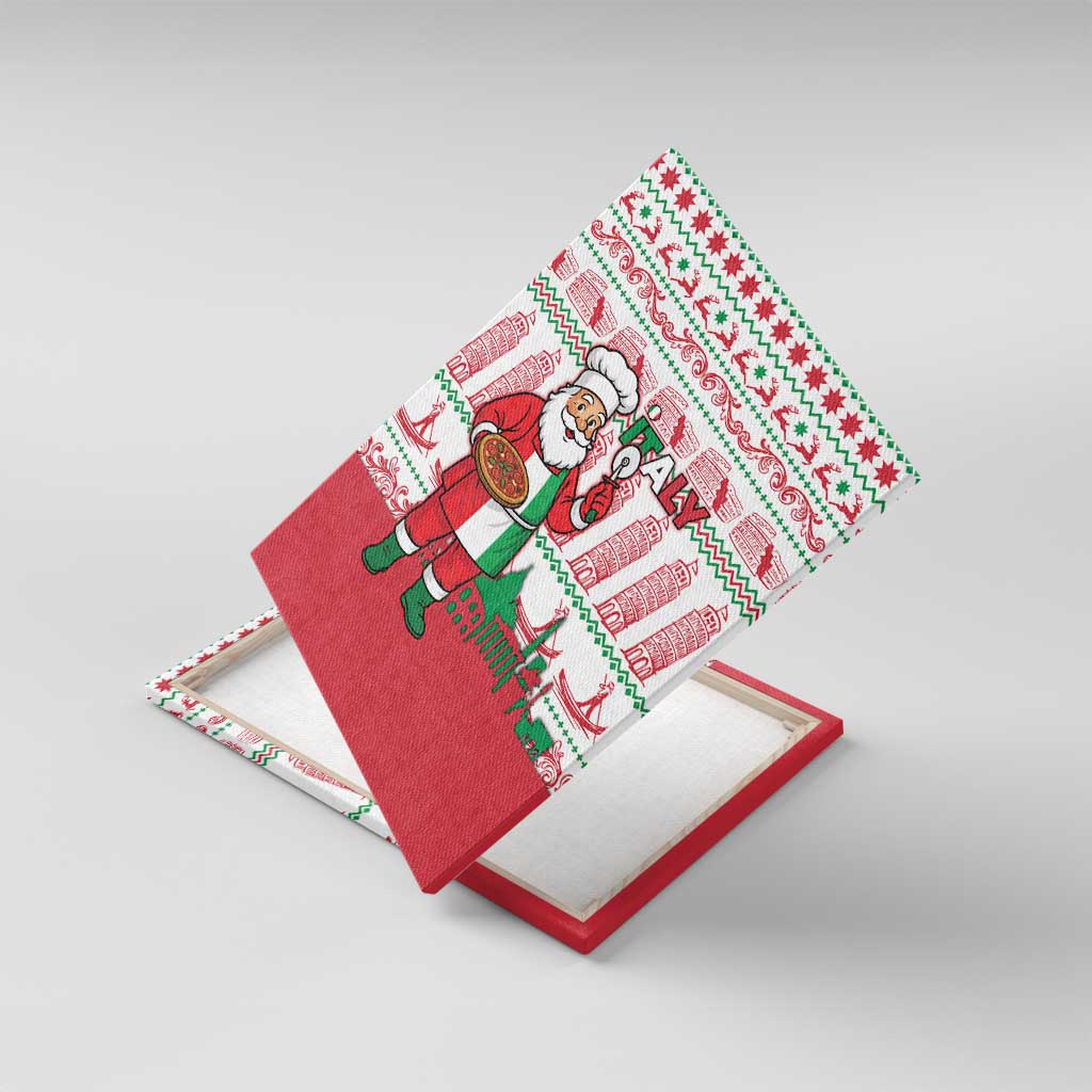 Italy Christmas Canvas Wall Art with Pizza Chef Santa Leaning Tower Colosseum and Red Green Holiday Pattern Design - Wonder Print Shop